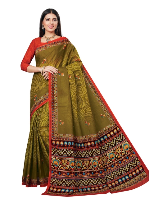 

SALWAR STUDIO Green & Red Ethnic Motifs Pure Cotton Block Print Saree