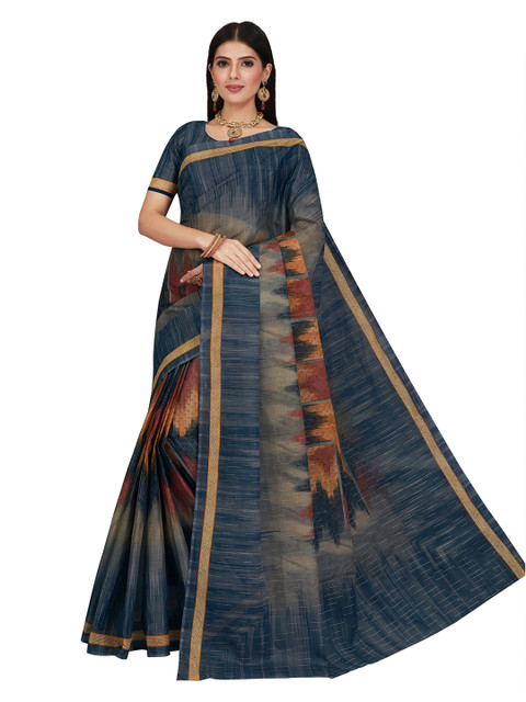 

SALWAR STUDIO Blue & Red Ethnic Motifs Pure Cotton Block Print Saree