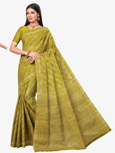 

SALWAR STUDIO Green & Grey Floral Pure Cotton Block Print Saree