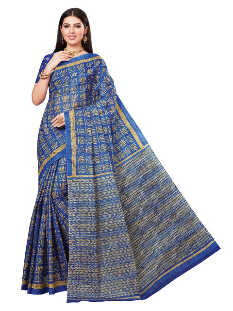 

SALWAR STUDIO Blue & Brown Floral Pure Cotton Block Print Saree