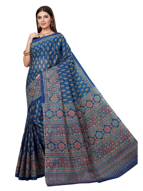 

SALWAR STUDIO Blue & White Ethnic Motifs Pure Cotton Block Print Saree