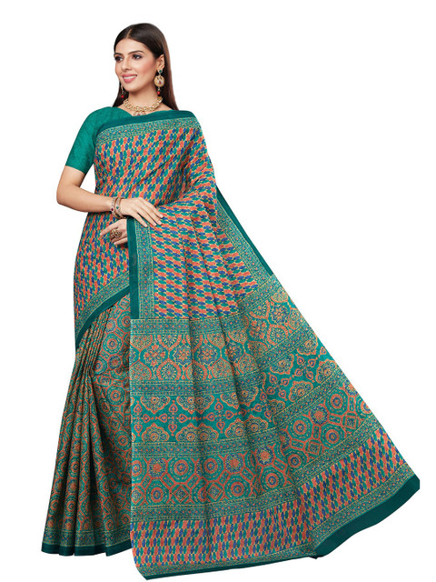 

SALWAR STUDIO Green & Blue Ethnic Motifs Pure Cotton Block Print Saree
