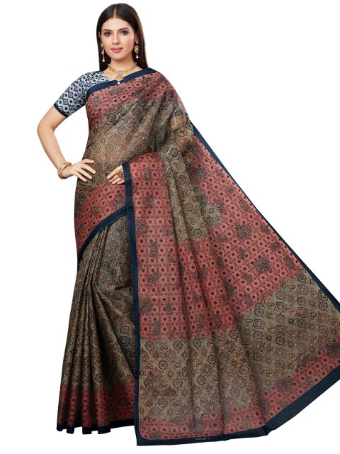 

SALWAR STUDIO Grey & Pink Floral Pure Cotton Block Print Saree