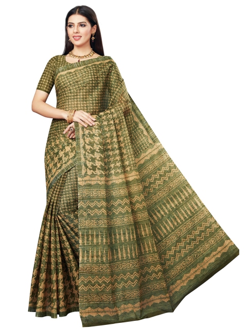 

SALWAR STUDIO Green & Beige Ethnic Motifs Pure Cotton Block Print Saree
