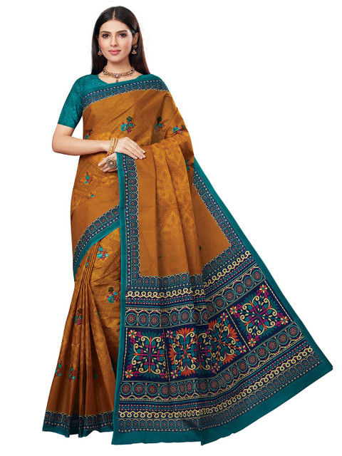 

SALWAR STUDIO Yellow & Blue Ethnic Motifs Pure Cotton Block Print Saree
