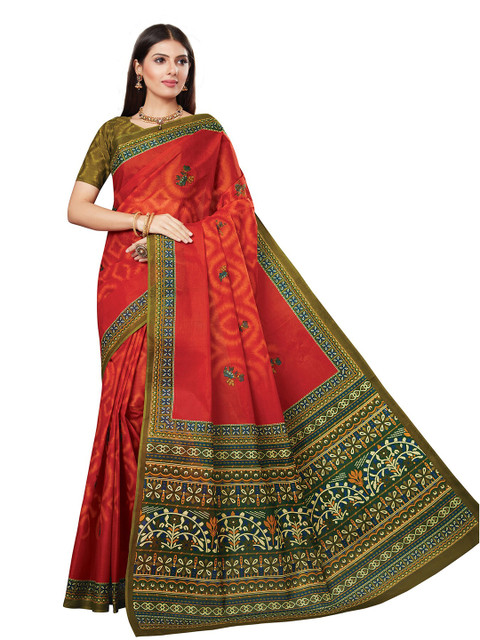 

SALWAR STUDIO Red & Green Ethnic Motifs Pure Cotton Block Print Saree