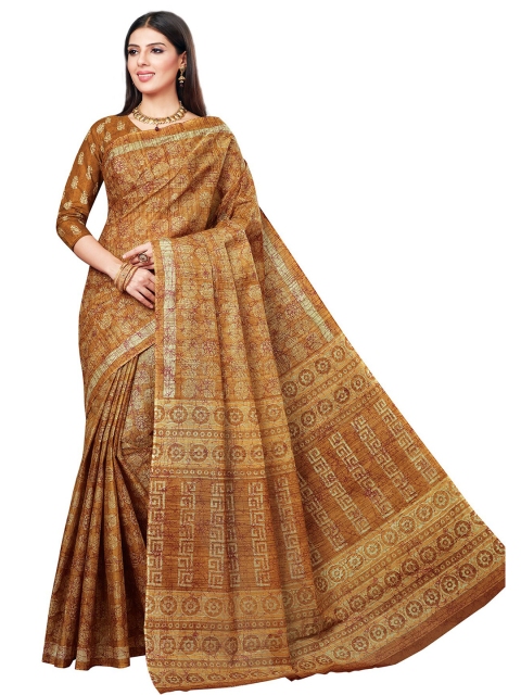 

SALWAR STUDIO Brown Ethnic Motifs Pure Cotton Block Print Saree