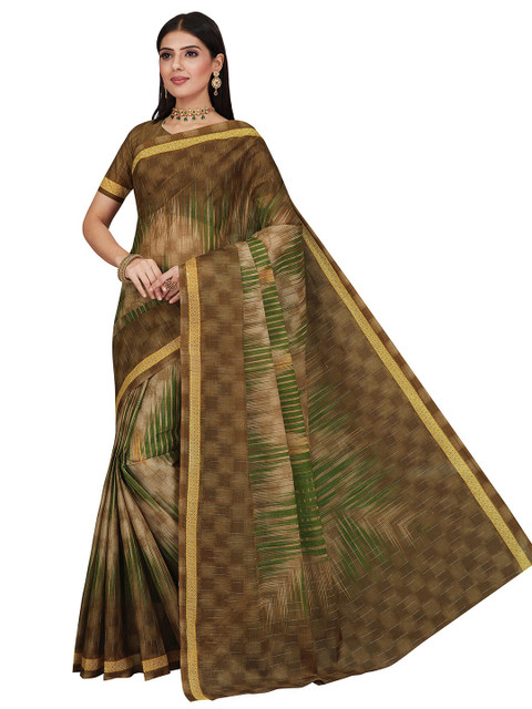 

SALWAR STUDIO Brown & Green Pure Cotton Block Print Saree