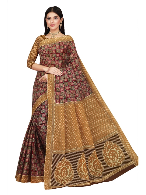 

SALWAR STUDIO Brown & Beige Ethnic Motifs Pure Cotton Block Print Saree