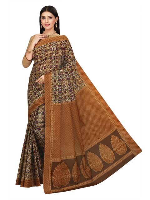 

SALWAR STUDIO Brown & Beige Ethnic Motifs Pure Cotton Block Print Saree