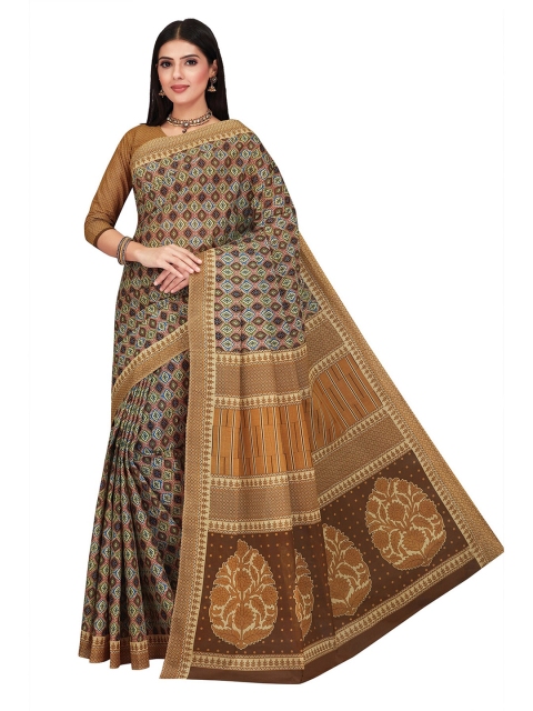 

SALWAR STUDIO Brown & Blue Ethnic Motifs Pure Cotton Block Print Saree