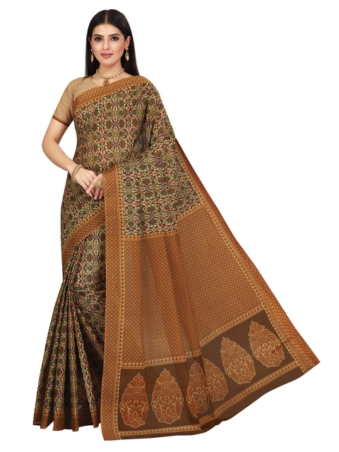 

SALWAR STUDIO Brown & Green Floral Pure Cotton Block Print Saree