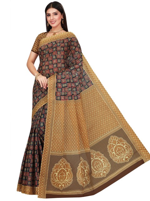 

SALWAR STUDIO Brown & Black Ethnic Motifs Pure Cotton Block Print Saree