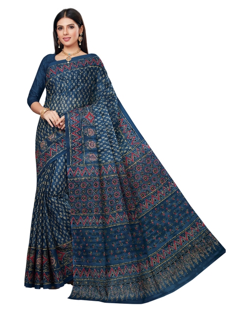 

SALWAR STUDIO Blue & Red Ethnic Motifs Pure Cotton Block Print Saree