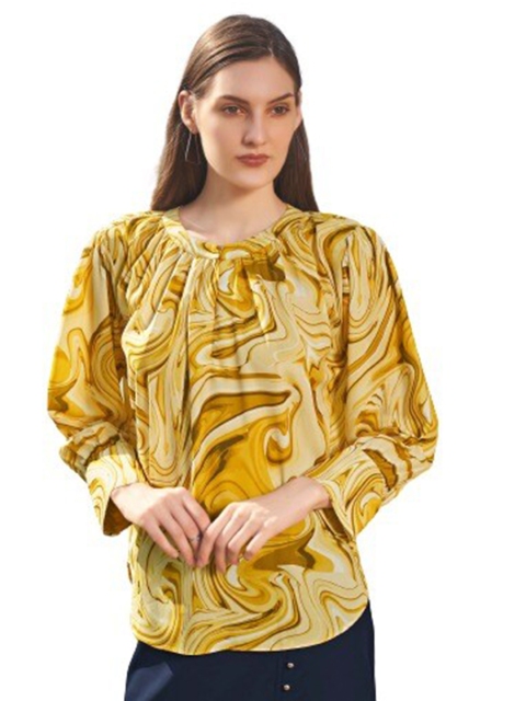 

NEOFAA Yellow Print Georgette Blouson Top