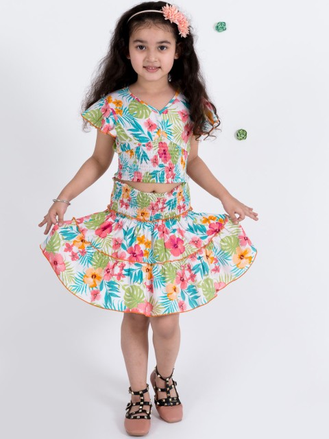 

pspeaches Girls White & Blue Printed Top with Skirt