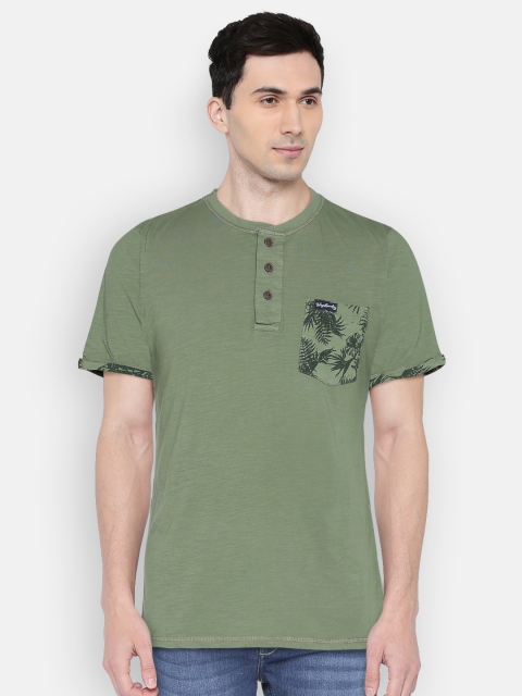 

Tokyo Laundry Men Olive Green Solid Henley Neck T-shirt