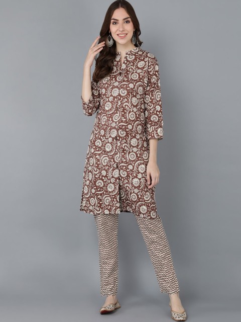 

kipek Women Brown Floral Printed Panelled Pure Cotton Kurti with Trousers