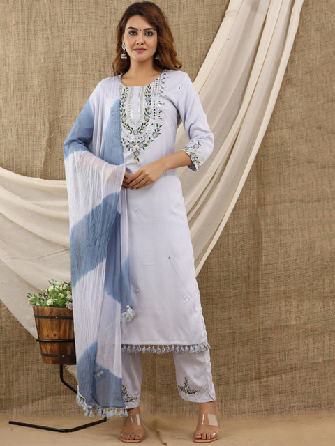 

KALINI Women Ethnic Motifs Embroidered Thread Work Kurta with Trousers & With Dupatta, Grey