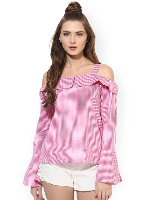 

Besiva Women Pink & White Checked Bardot Top