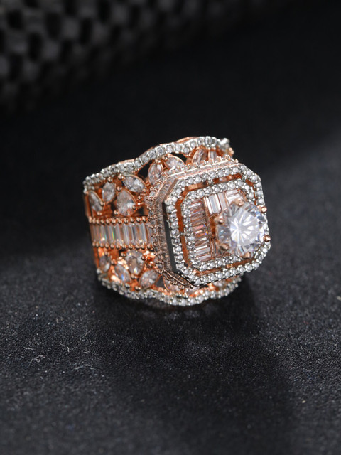 

Priyaasi Rose Gold-Plated & White American Diamond Studded Finger Ring
