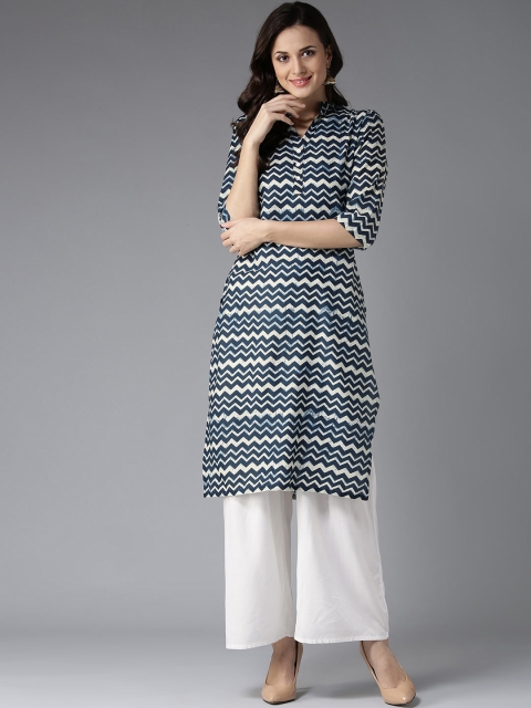 

HERE&NOW Women Navy Blue & Off-White Printed Straight Kurta