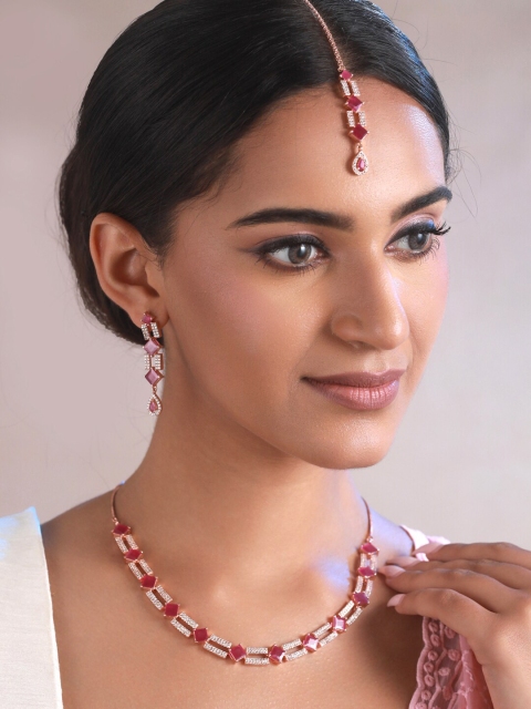 

Priyaasi Rose Gold-Plated Pink AD Studded Jewellery Set