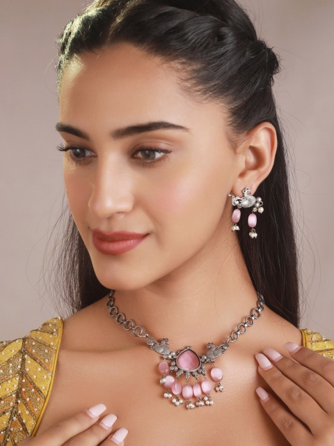 

Priyaasi Oxidised Silver-Plated Pink Stone-Studded Jewellery Set