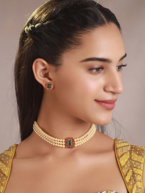 

Priyaasi Gold-Plated Green Stone-Studded Pearl Beaded Jewellery Set
