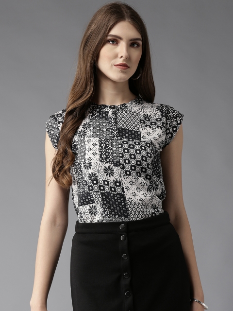 

HERE&NOW Women Black & Off-White Printed Top