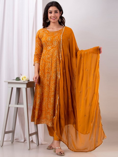 

Kesarya Women Printed Sequinned Kurta with Trousers & With Dupatta, Mustard
