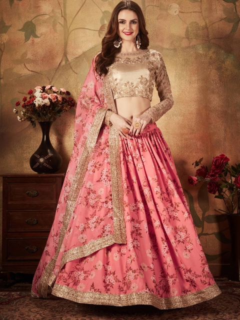 

FABPIXEL Pink & Beige Embroidered Sequinned Semi-Stitched Lehenga & Unstitched Blouse With Dupatta