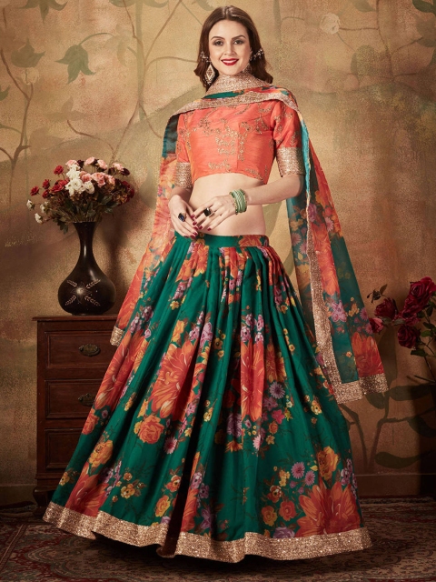 

FABPIXEL Green & Orange Embroidered Sequinned Semi-Stitched Lehenga & Unstitched Blouse With Dupatta