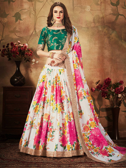 

FABPIXEL Off White & Pink Embroidered Thread Work Semi-Stitched Lehenga & Unstitched Blouse With Dupatta