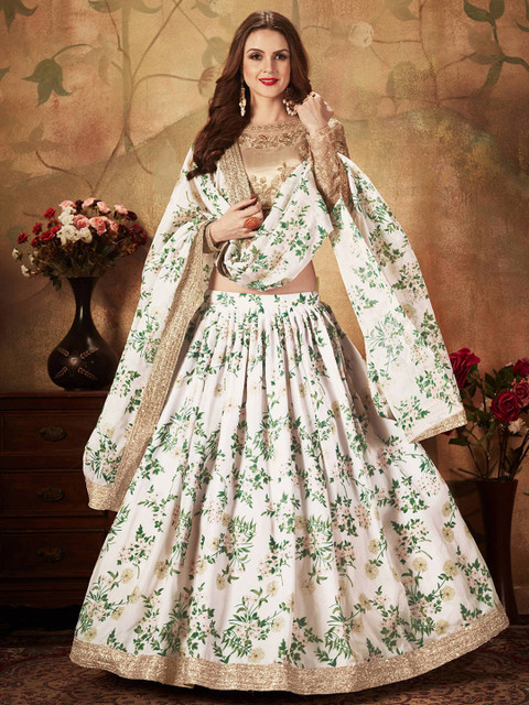 

FABPIXEL Off White & Beige Embroidered Thread Work Semi-Stitched Lehenga & Unstitched Blouse With Dupatta