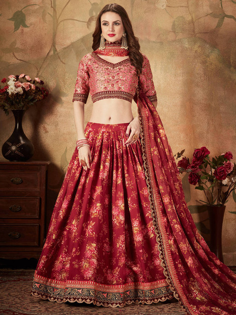 

FABPIXEL Maroon & Peach-Coloured Embroidered Semi-Stitched Lehenga & Unstitched Blouse With Dupatta