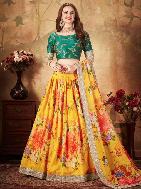 

FABPIXEL Yellow & Green Embroidered Semi-Stitched Lehenga & Unstitched Blouse With Dupatta