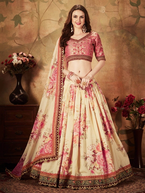 

FABPIXEL Beige & Peach-Coloured Embroidered Sequinned Semi-Stitched Lehenga & Unstitched Blouse With Dupatta