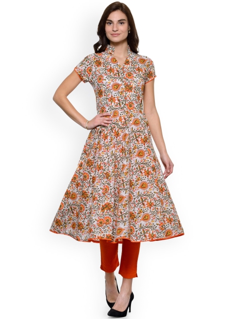 

Shubhavas Women Cream-Coloured & Orange Printed Anarkali Kurta
