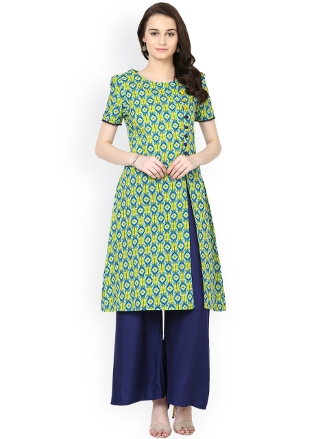 

Shubhavas Women Green & Blue Printed A-Line Kurta