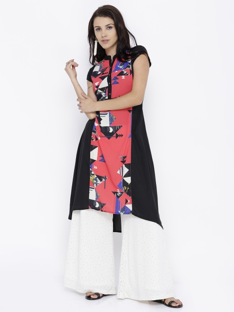 

Vishudh Women Black & Coral Pink Printed A-Line High-Low Kurta