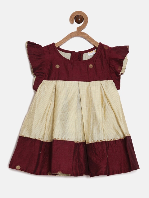 

Aomi Girls Maroon & Cream-Coloured Colourblocked Ethnic A-Line Dress