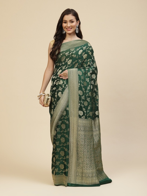 

Meena Bazaar Green Ethnic Motifs Zari Pure Georgette Saree