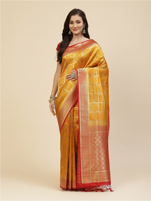 

Meena Bazaar Mustard & Red Ethnic Motifs Zari Silk Blend Saree