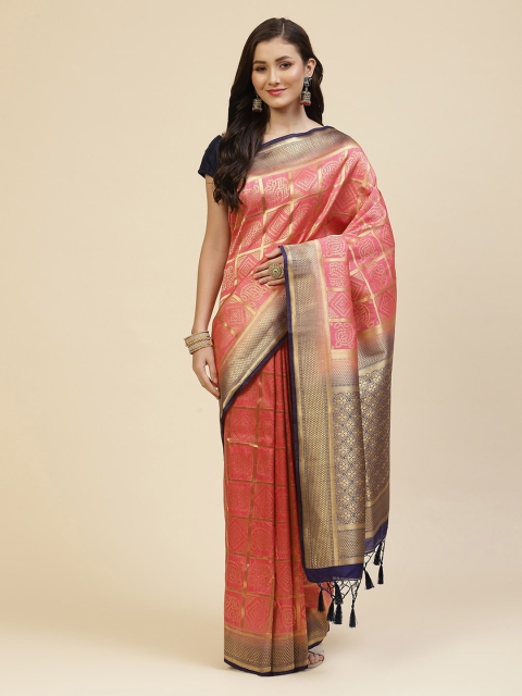 

Meena Bazaar Pink & Blue Ethnic Motifs Zari Silk Blend Saree