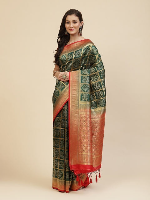 

Meena Bazaar Green & Red Ethnic Motifs Zari Silk Blend Saree