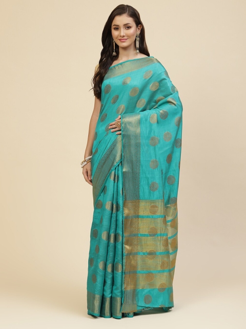 

Meena Bazaar Blue & Gold-Toned Woven Design Zari Saree