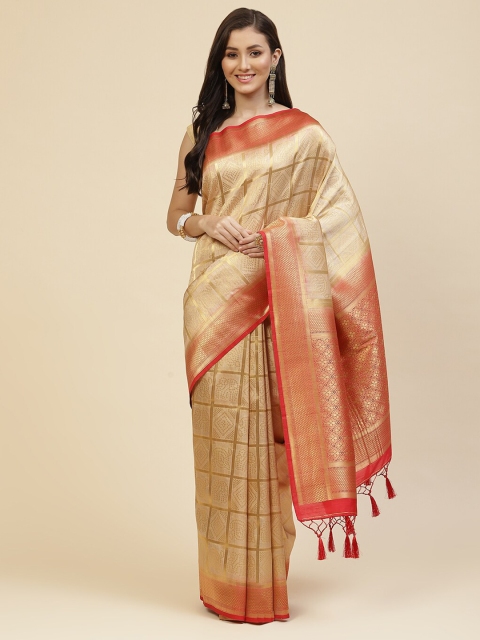 

Meena Bazaar Beige & Red Woven Design Zari Saree