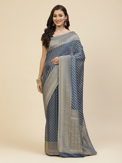 

Meena Bazaar Grey & Silver-Toned Striped Woven Design Zari Saree