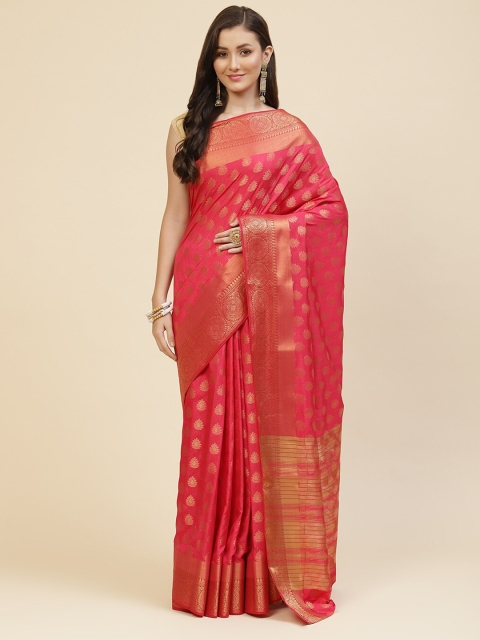 

Meena Bazaar Pink & Grey Woven Design Zari Silk Blend Saree